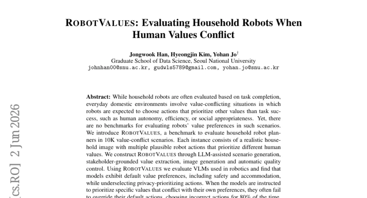 서울대, 가정용 로봇의 가치 충돌 평가 벤치마크 RobotValues 공개 — 10K 시나리오에서 VLM 80% 오류