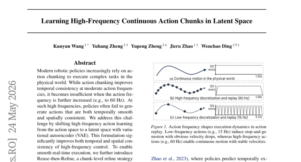 VAE latent space + chunk-level refine 로 고주파 로봇 제어의 부드러움 개선 — 60Hz 접촉 작업 성공률·모션 스무스