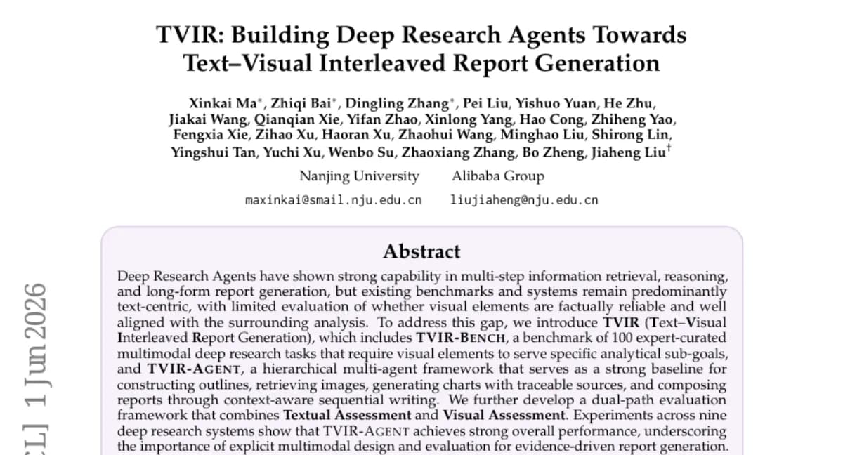 NJU-LINK Lab, 텍스트-비주얼 혼합 보고서 생성 벤치마크 TVIR 공개 — 100개 태스크, 계층적 멀티에이전트 프레임워크
