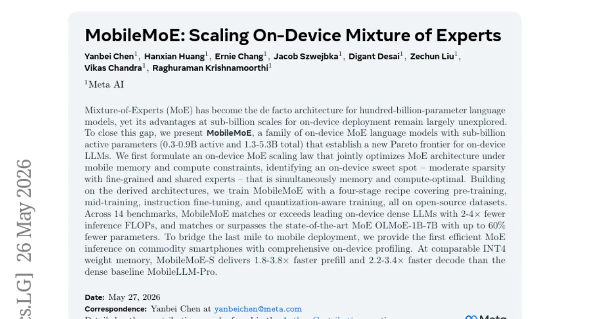 Meta MobileMoE: 0.3B 활성 파라미터로 2~4배 빠른 온디바이스 MoE 언어모델