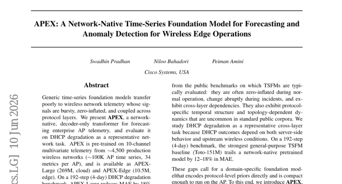 Cisco, 무선 네트워크 전용 시계열 기반 모델 APEX — DHCP 장애 탐지 F1 0.93