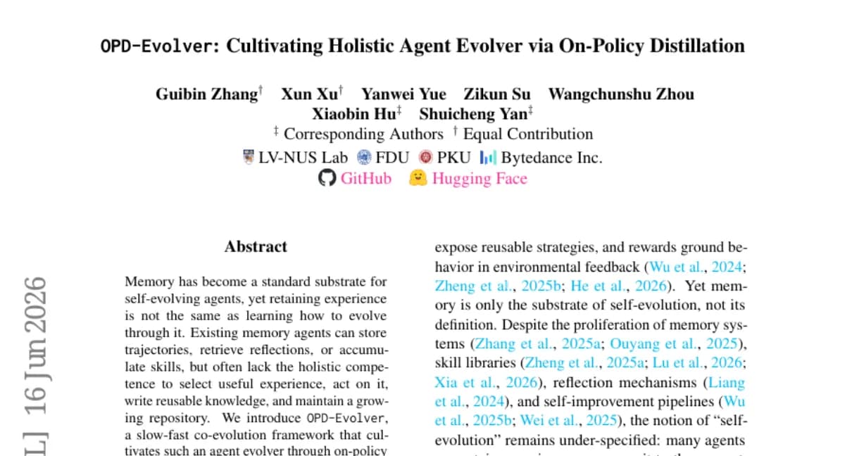 NUS, 자기 진화 에이전트 OPD-Evolver — 4단계 메모리 계층과 on-policy 자기 증류로 ReasoningBank 대비 11.5% 향상
