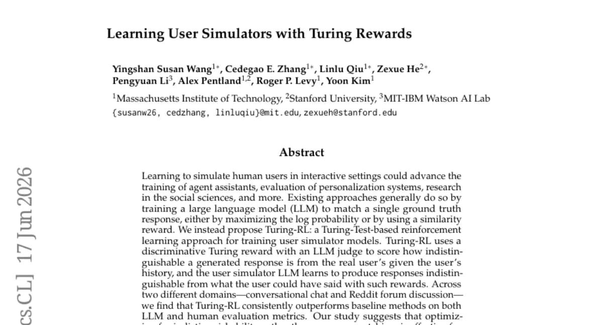 Turing-RL: 튜링 테스트 기반 강화학습으로 사용자 시뮬레이터 학습 — 채팅·Reddit에서 기존 대비 일관된 개선