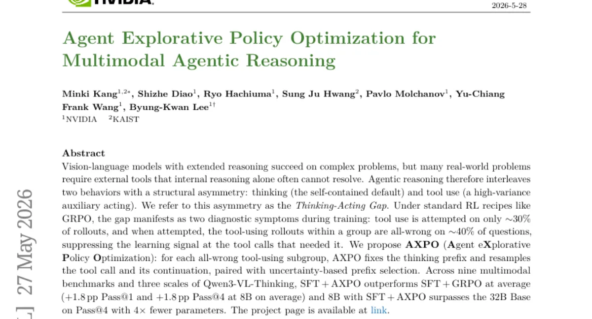NVIDIA, Thinking-Acting Gap 해소하는 AXPO — 8B 모델이 32B Base 추월
