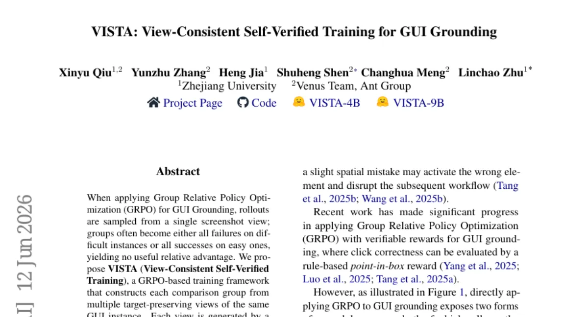 VISTA: GRPO 기반 GUI Grounding — 여러 시점으로 rollout 다양화, ScreenSpot-Pro 55.5→63.4