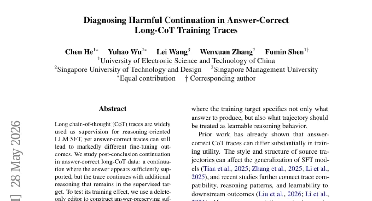Harmful Continuation Cut — 긴 CoT 추론 꼬리 제거가 SFT 성능 개선