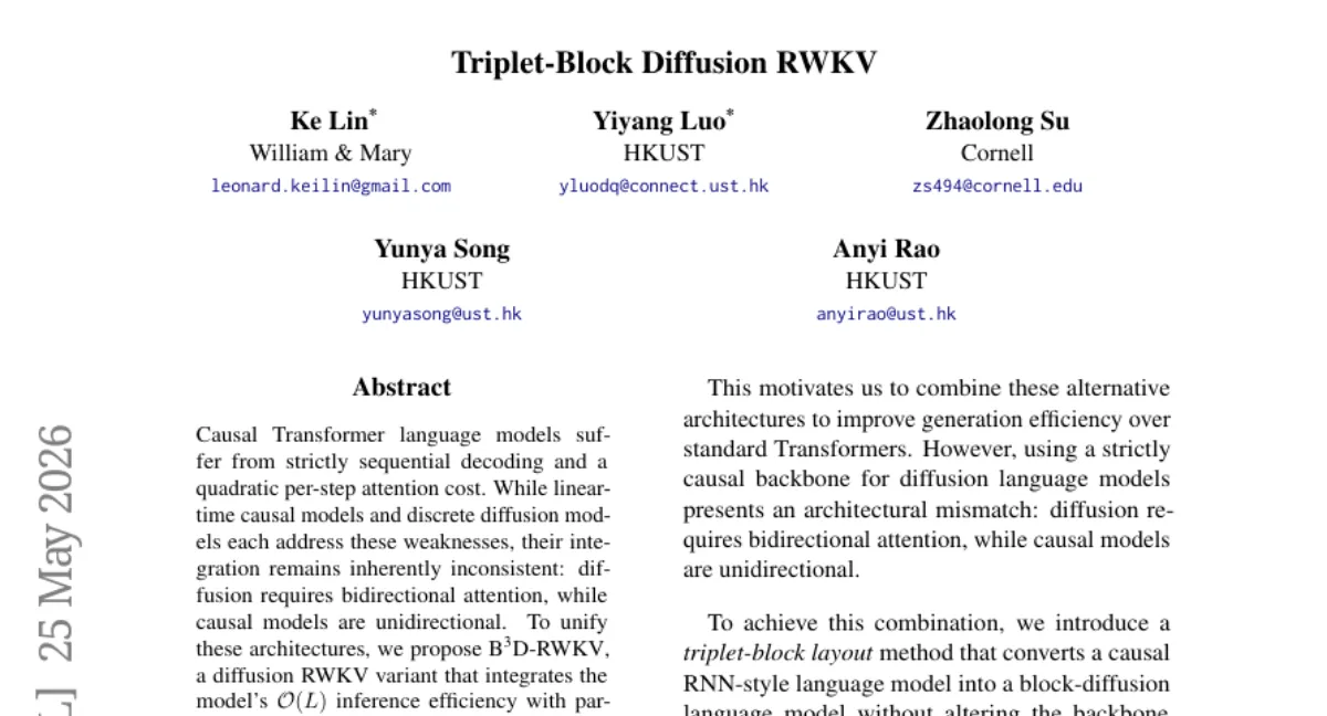 B^3D-RWKV — diffusion 과 causal LM 을 통합한 O(L) 추론 모델, 1.6x 속도 향상
