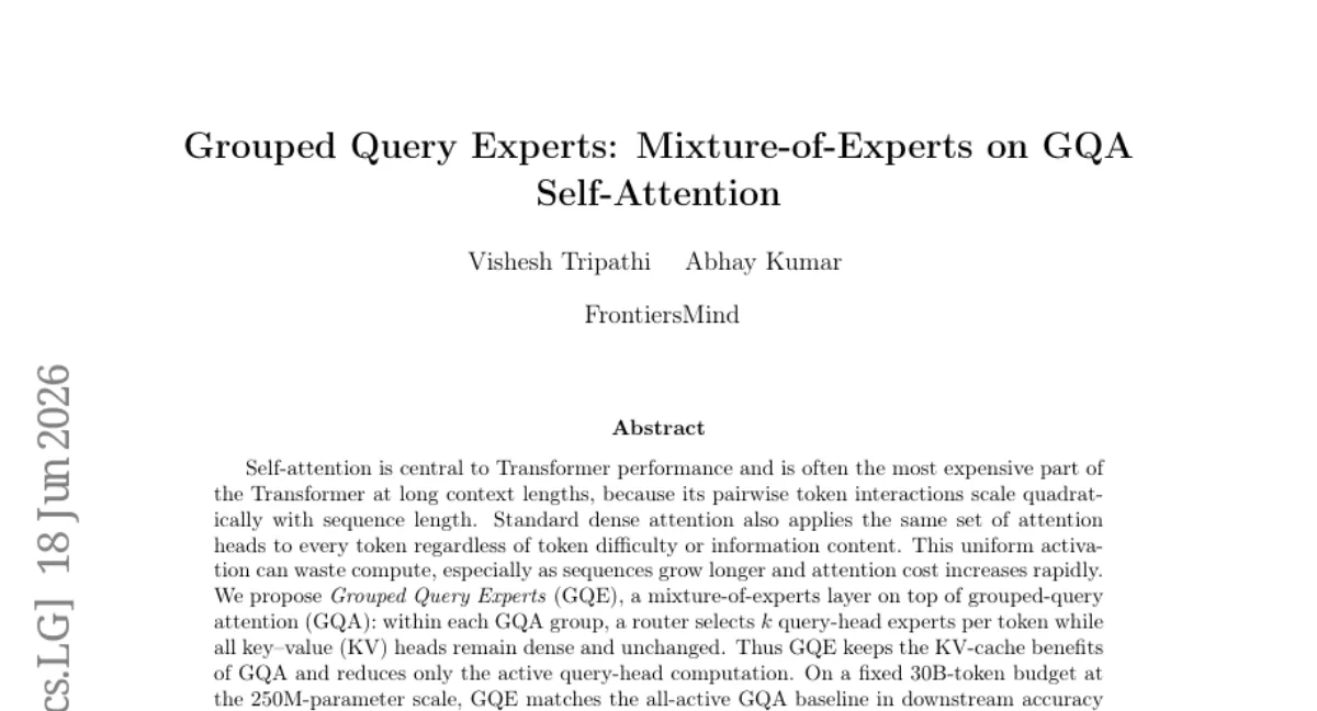 GQE: GQA 기반 Mixture-of-Experts로 쿼리 헤드 절반만 활성화 — 250M 스케일에서 정확도 유지