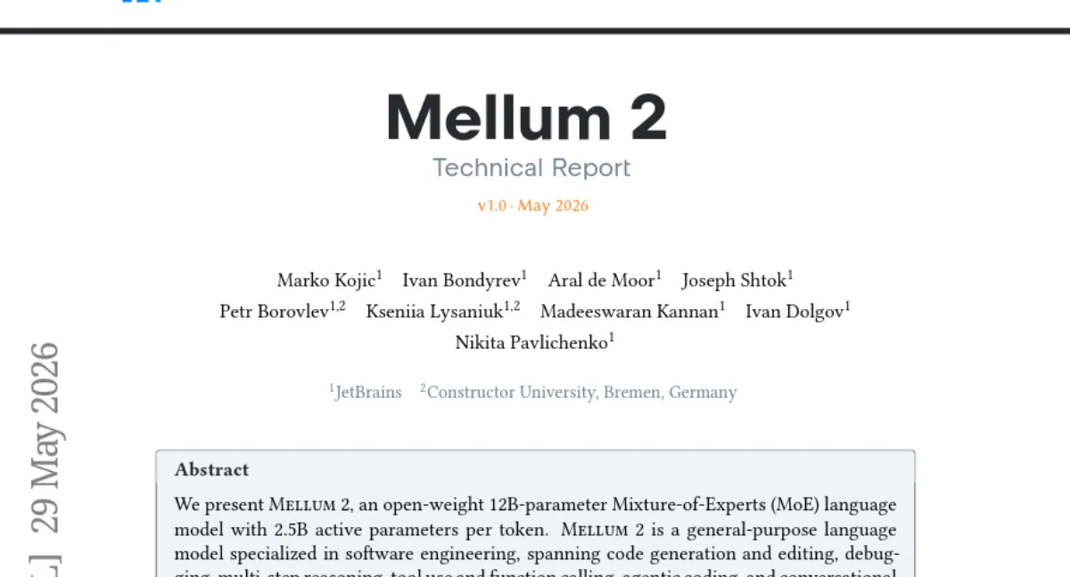 JetBrains, 12B MoE 코드 특화 모델 Mellum 2 공개 — 활성 파라미터 2.5B로 4B~14B급 성능