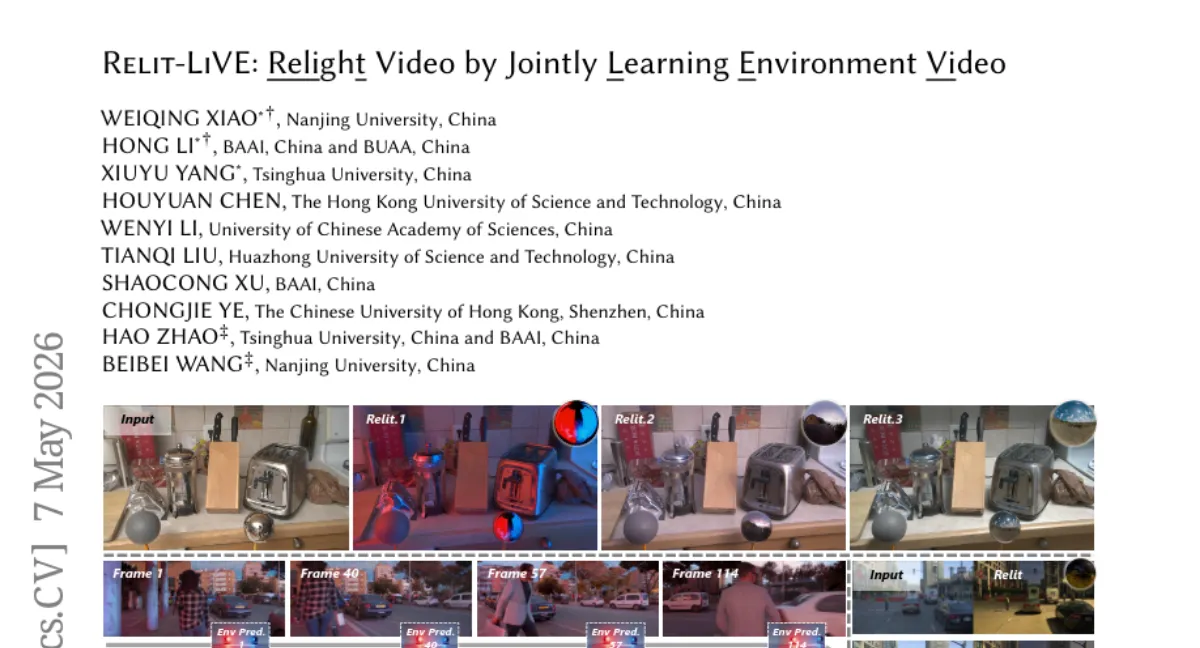 Nanjing University, 비디오 재조명 프레임워크 Relit-LiVE — 사전 카메라 포즈 없이 물리적 일관성 유지