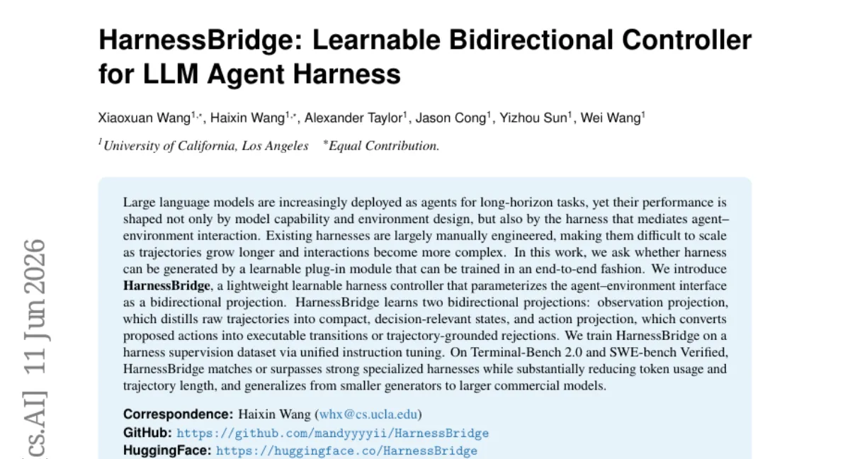 UCLA, 에이전트-환경 인터페이스를 학습하는 HarnessBridge — Terminal-Bench 2.0 및 SWE-bench Verified 에서 토큰 사용량 절반으로