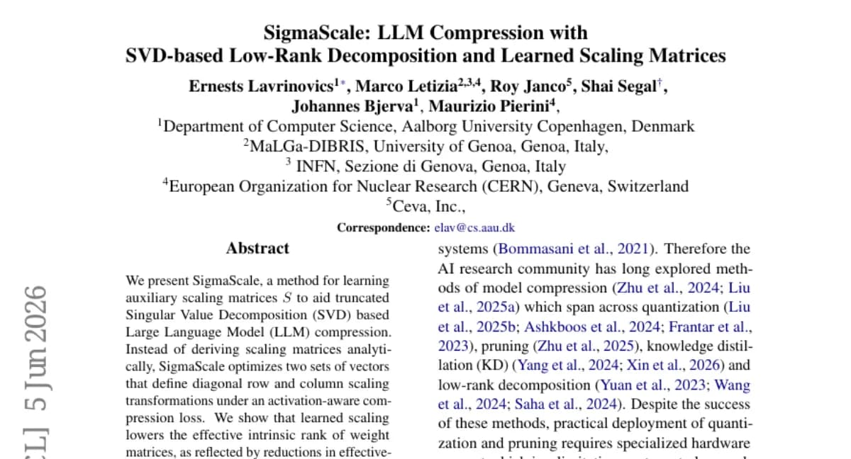 SigmaScale: 학습된 스케일링 행렬로 SVD 기반 LLM 압축 성능 개선 — Llama 3.1 8B에서 perplexity 유지