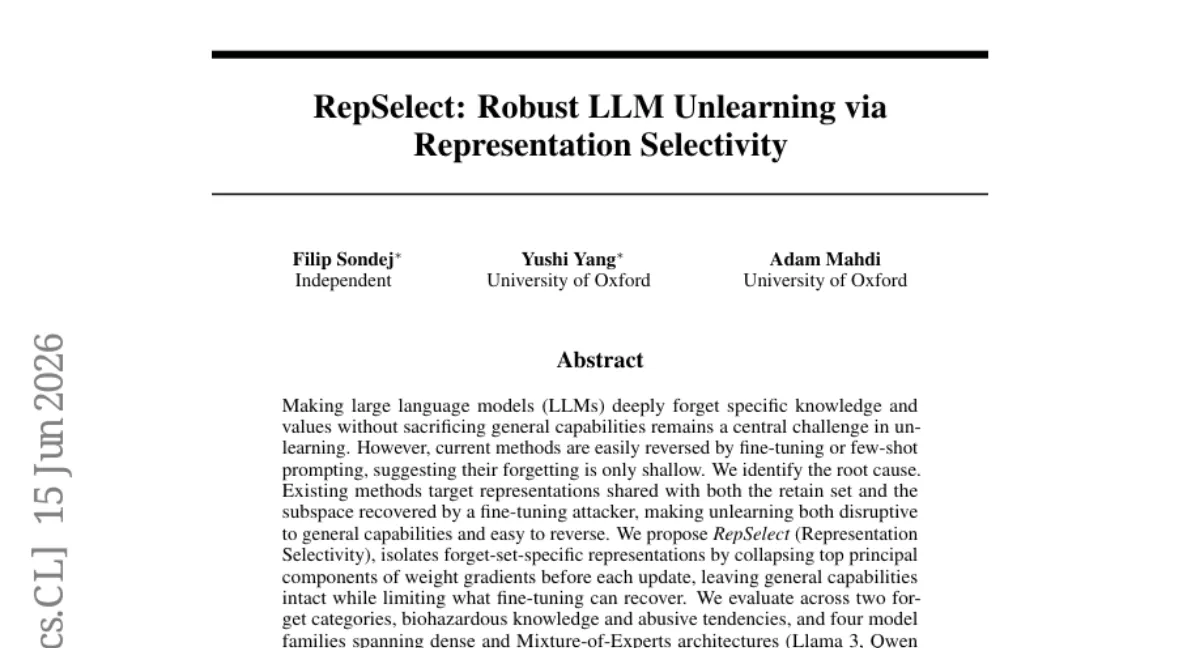 옥스퍼드, LLM 지식 망각 깊이를 4~50배 개선한 RepSelect — fine-tuning 공격에도 강건