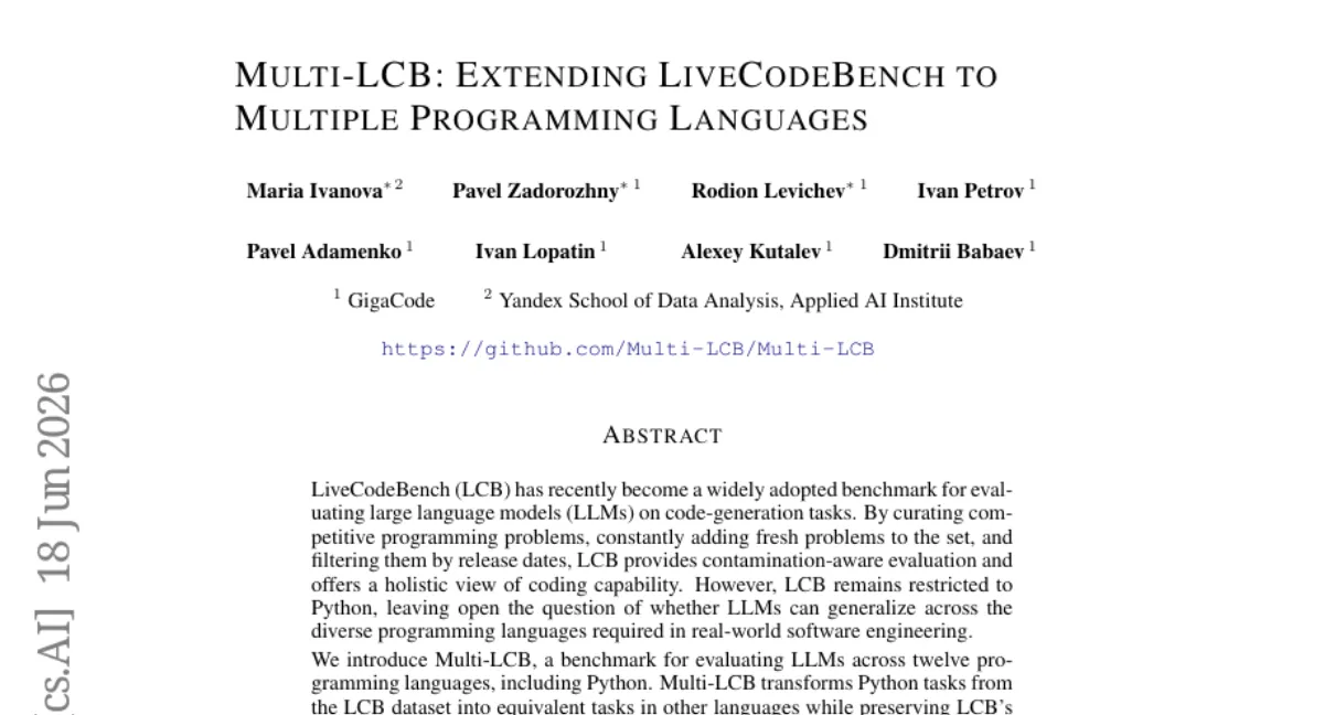 Multi-LCB: 12개 언어로 LLM 코드 생성 평가 — Python 과적합 현상 확인