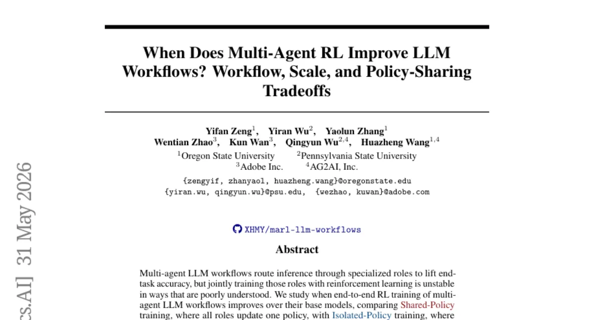 멀티 에이전트 LLM 워크플로우, RL 학습 안정성의 조건 — Shared-Policy vs Isolated-Policy 비교