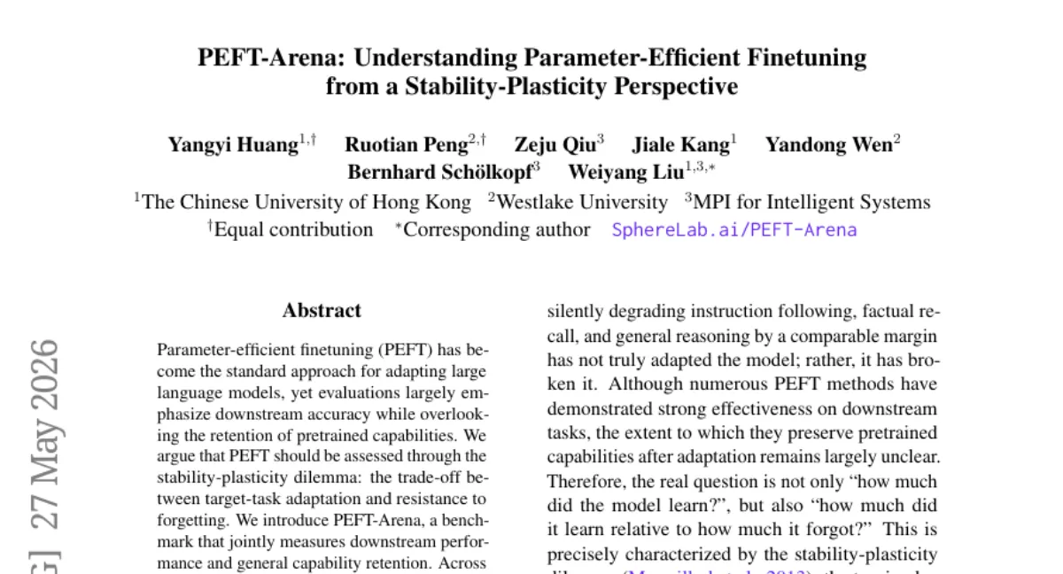 PEFT-Arena: PEFT 의 안정성-가소성 딜레마를 평가하는 벤치마크 — orthogonal finetuning 이 최적 Pareto frontier