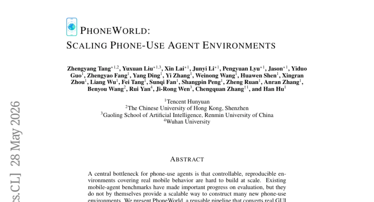 PhoneWorld: 실제 GUI 궤적으로 제어 가능한 폰 사용 환경을 대량 생성하는 파이프라인