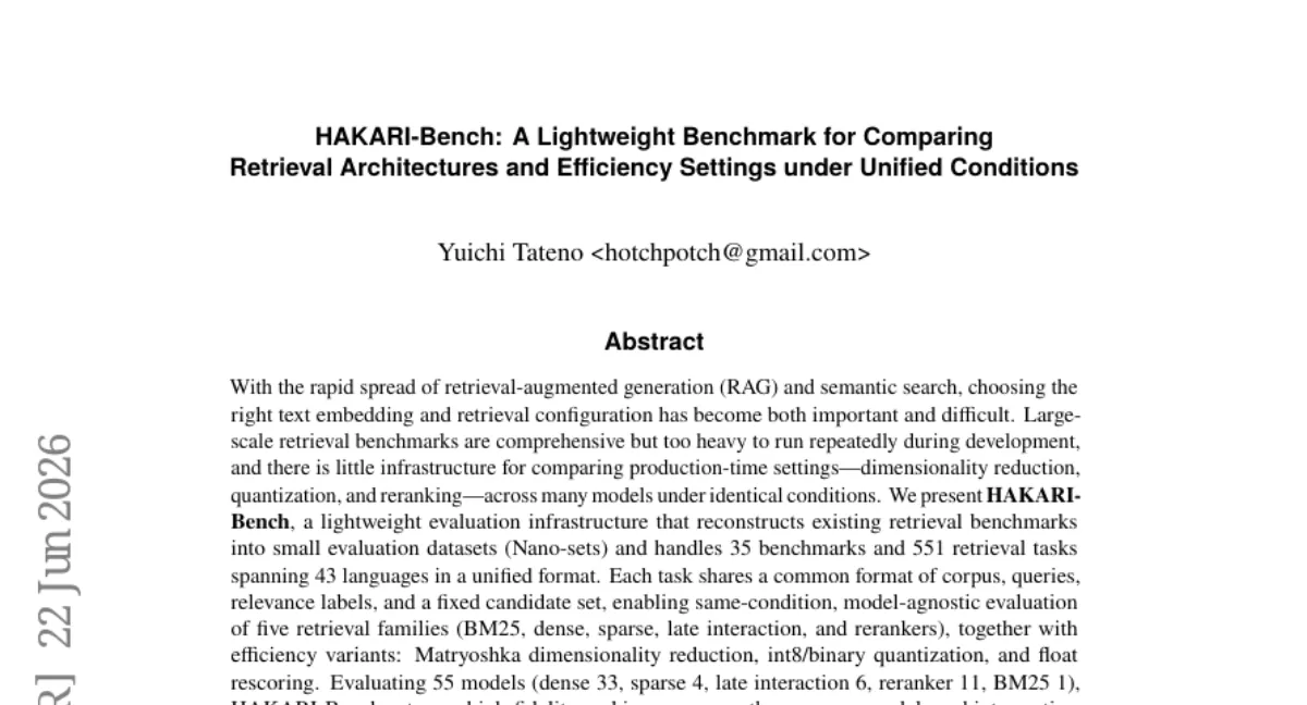 HAKARI-Bench: 35개 벤치마크·43개 언어 통합한 경량 검색 평가 — MTEB 순위 Spearman 0.97 이상 재현
