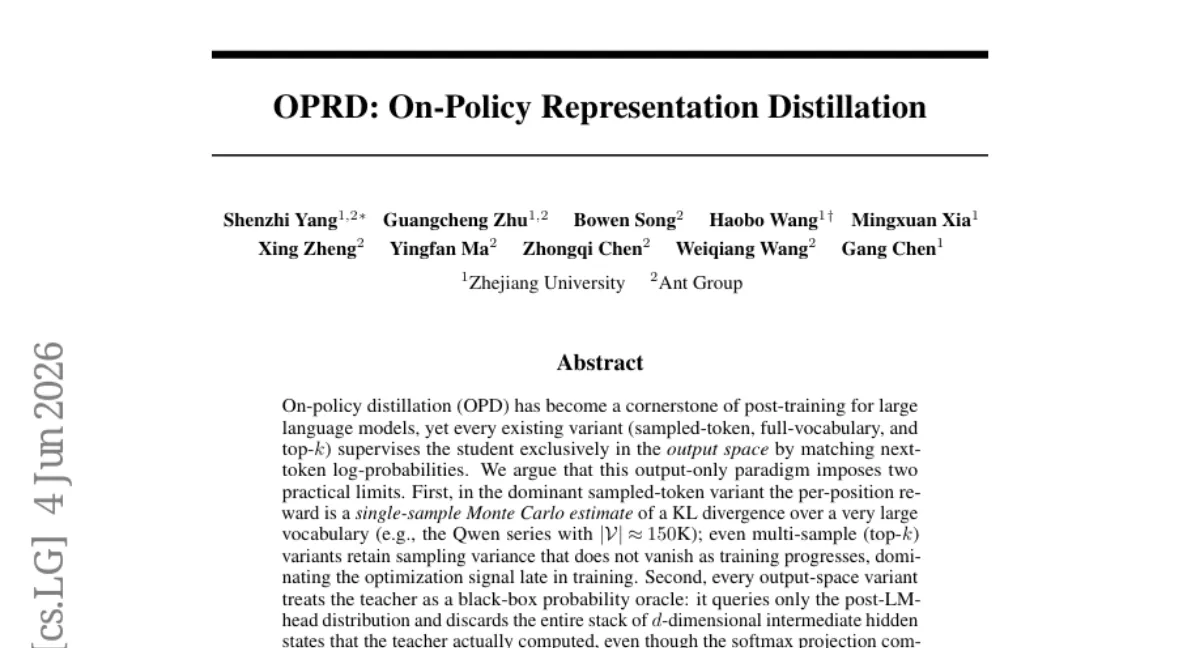 On-Policy Representation Distillation (OPRD) — hidden state 정렬로 AIME 2024/2025 gap 0으로