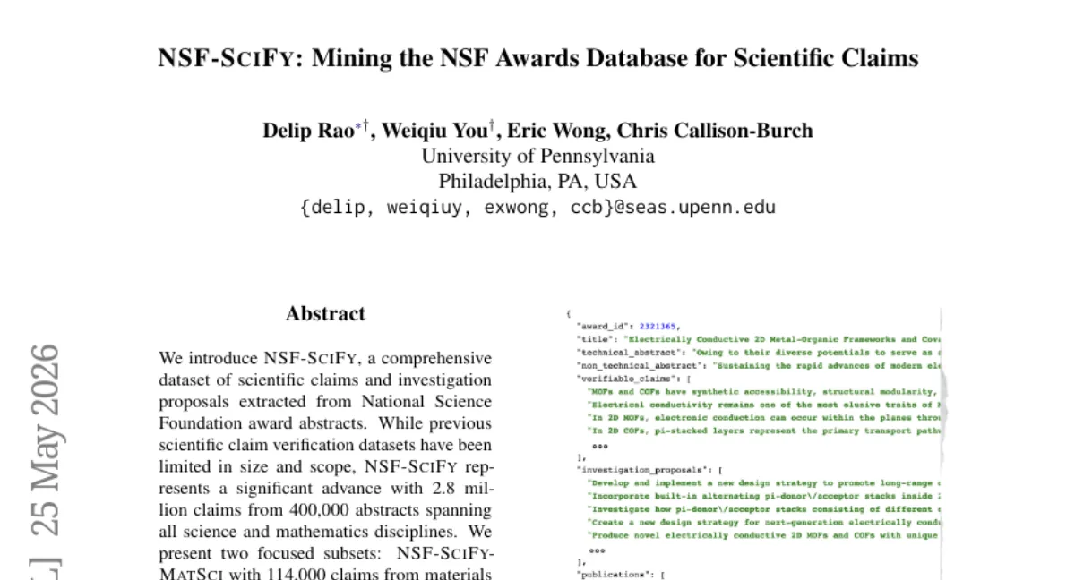 NSF-SciFy: 280만 개 과학 주장 데이터셋 — 제로샷 추출로 100% 이상 성능 향상