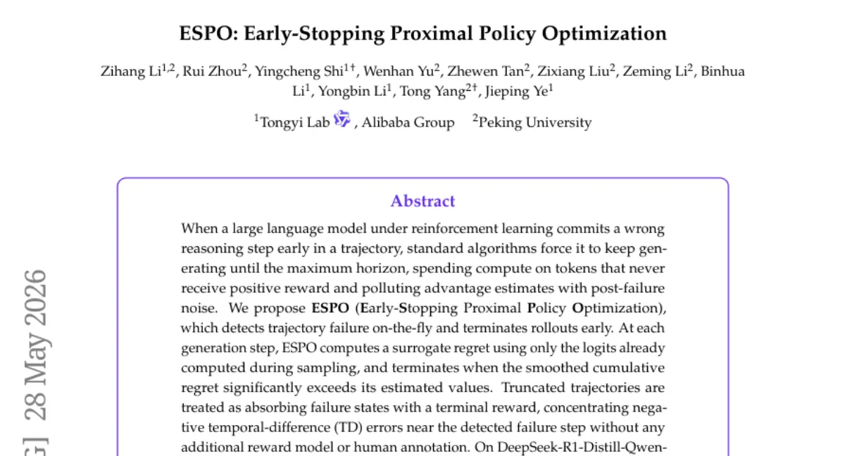 ESPO: RL 학습 중 조기 종단으로 rollout token 20% 절약 — AIME 46.28%