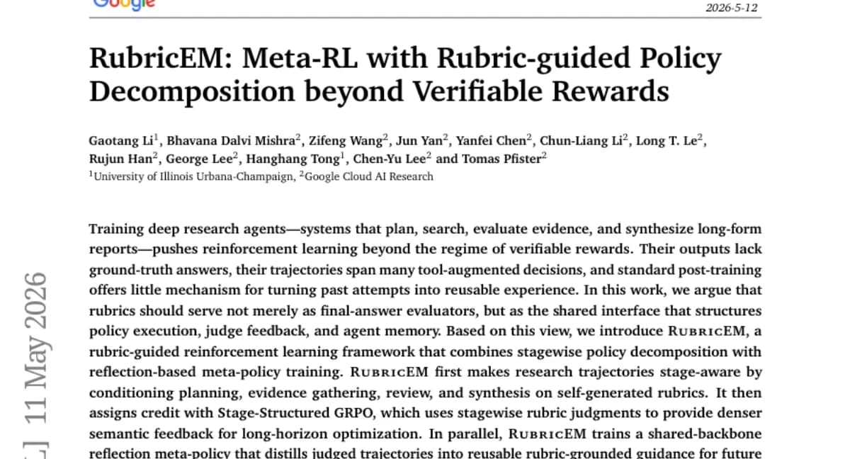Google, rubric 기반 강화학습 RubricEM으로 장문 리서치 에이전트 학습 — 8B 모델로 오픈 모델 중 최고