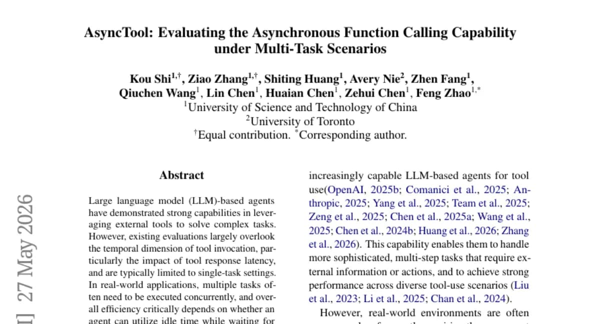 AsyncTool: 비동기 도구 호출 능력 평가 벤치마크 — LLM 에이전트, 지연 응답에서 성능 저하 확인