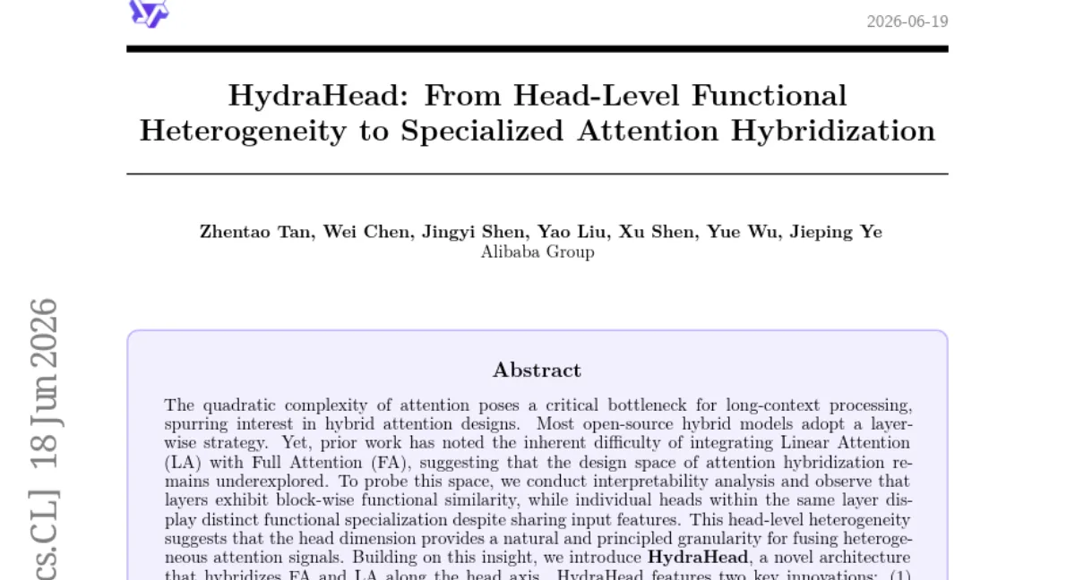 HydraHead: attention 혼성화를 head 축으로 — 512K 컨텍스트에서 69% 개선