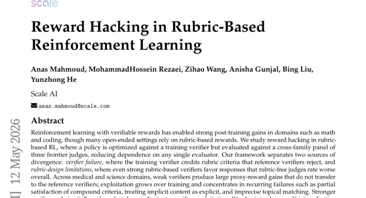 Rubric 기반 RL에서 보상 해킹 분석 — 약한 검증자로 훈련된 정책이 참조 검증자에 일반화되지 않음