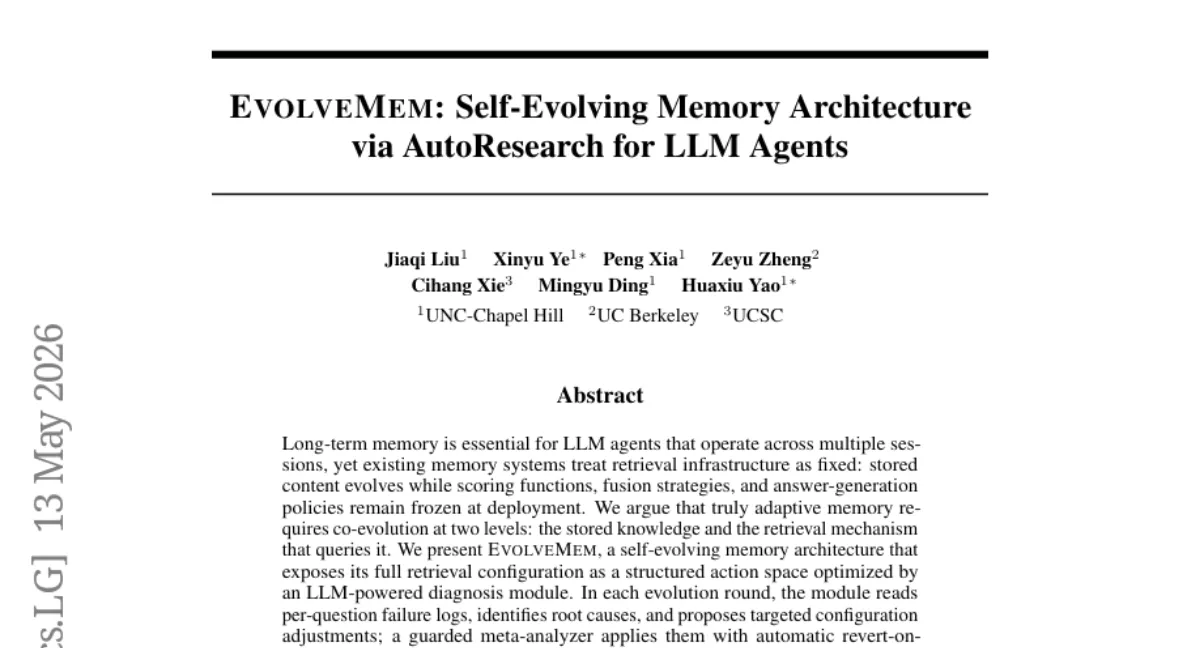 EvolveMem: LLM 에이전트 메모리 검색 설정도 스스로 진화 — LoCoMo 25.7% 향상