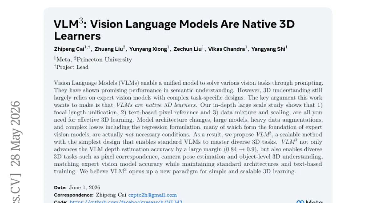VLM3 — 표준 VLM이 3D 태스크를 마스터하는 법, focal length 통일·텍스트 기반 픽셀 참조·데이터 스케일링