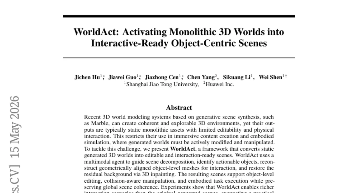 WorldAct: 정적 3D 생성 월드를 편집·상호작용 가능한 장면으로 변환