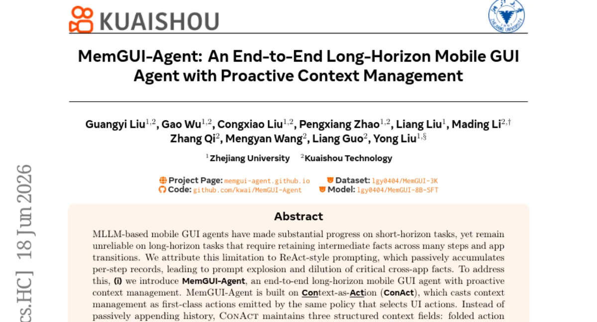 MemGUI-Agent: 장기 모바일 GUI 태스크를 위한 능동적 컨텍스트 관리 — 8B 모델로 SOTA
