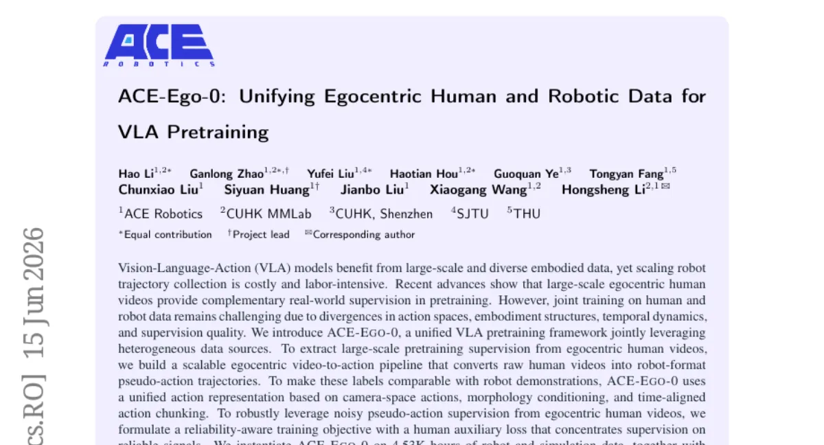CUHK, 인간 egocentric 영상으로 로봇 행동 학습 — ACE-EGO-0, RoboCasa/ RoboTwin SOTA