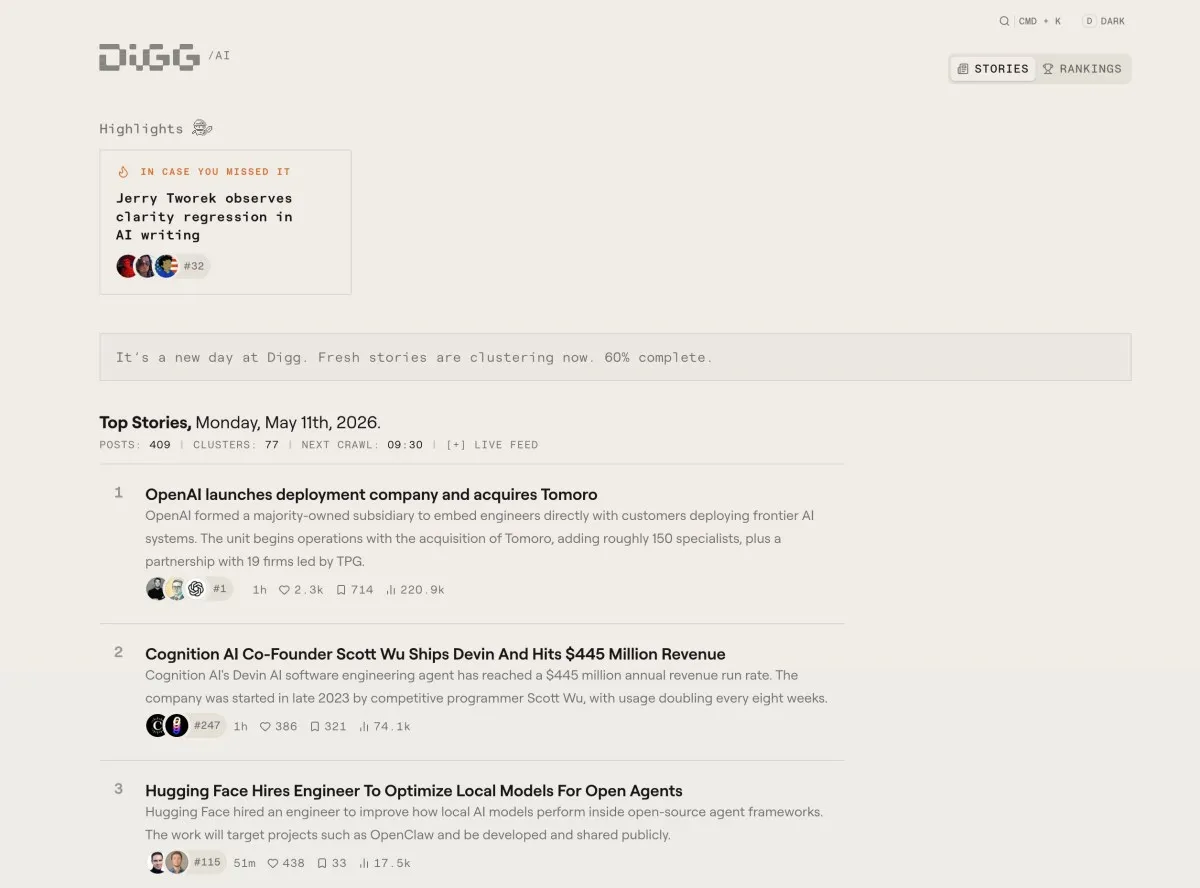 Digg, AI 뉴스 애그리게이터로 재런칭