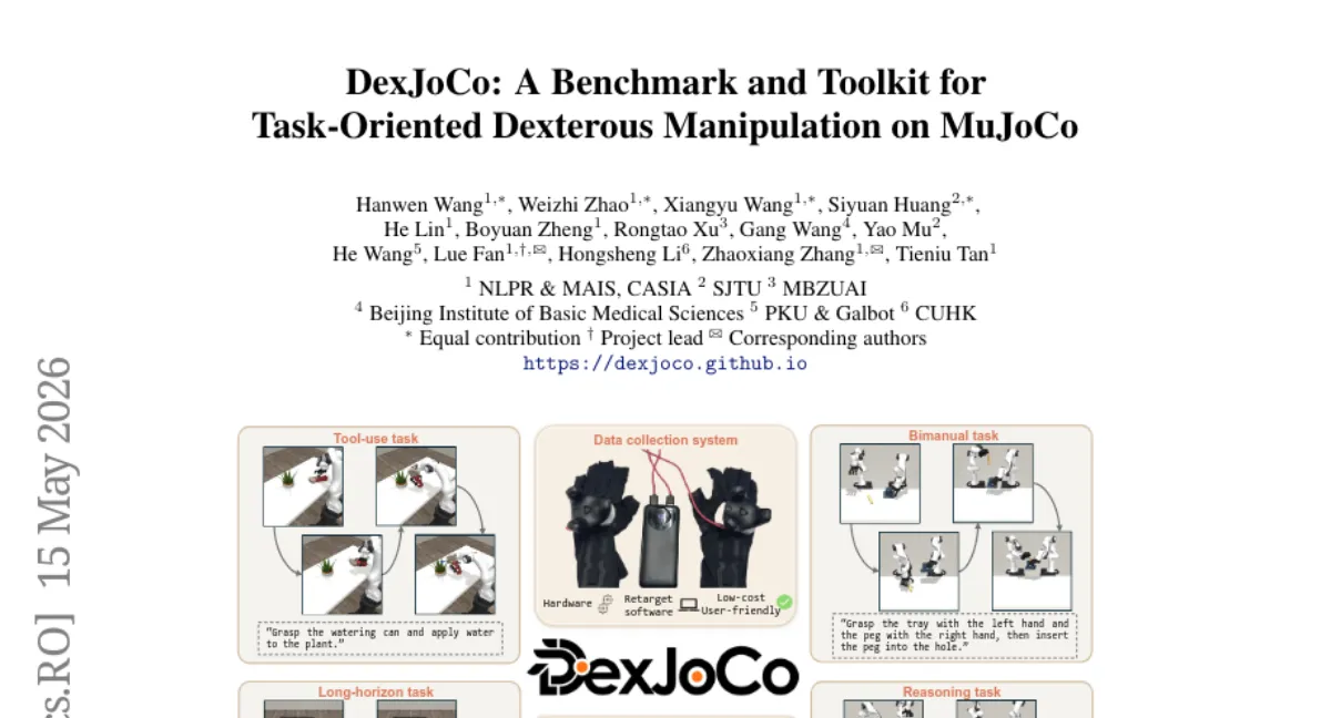 DexJoCo: 11개 과제로 평가하는 손재주 로봇 벤치마크 — 도구 사용·양손 협력·장기 계획 포함