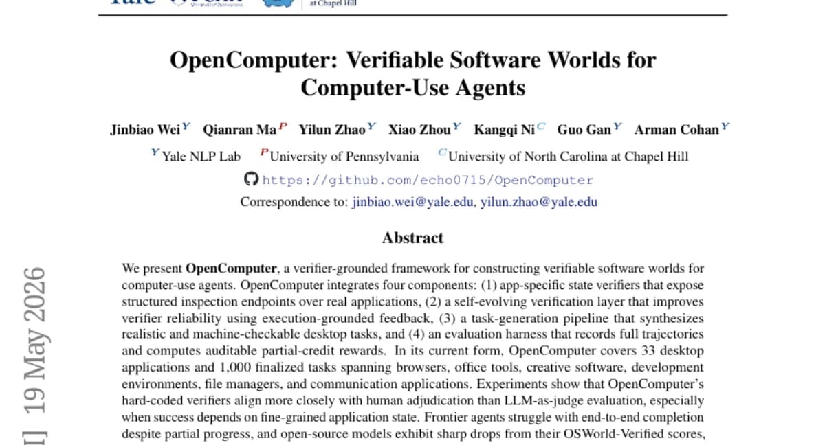 OpenComputer: 검증 가능한 소프트웨어 세계로 컴퓨터 사용 에이전트 평가 — 33개 앱, 1000개 태스크