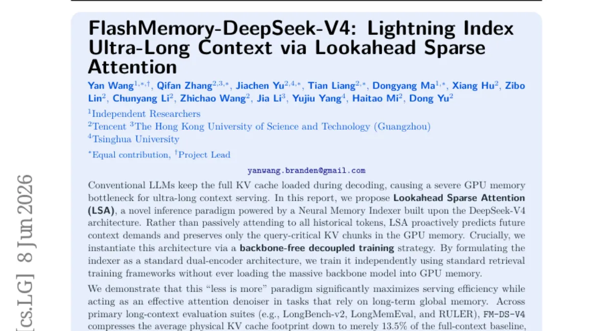 Tencent, KV cache 13.5% 로 압축하는 Lookahead Sparse Attention 공개 — 500K에서 90% 이상 절감