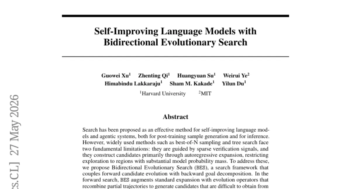 Harvard, 양방향 진화 탐색(BES)으로 LLM 자기 개선 — 후방 목표 분해로 탐색 효율 향상