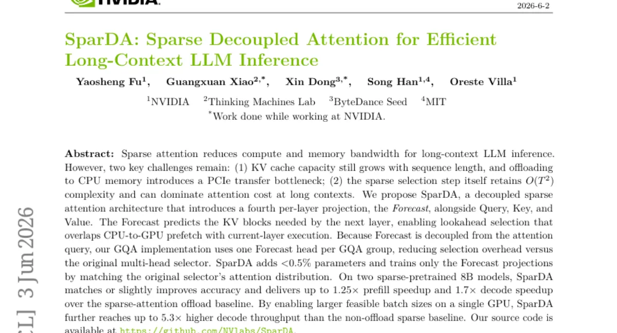 NVIDIA SparDA — Forecast projection 으로 sparse attention 의 KV cache 오프로드 병목 해소, decode 최대 1.7x