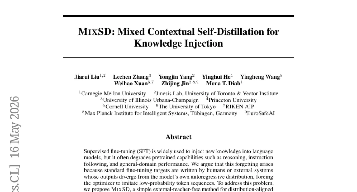 MixSD: 분포 정렬 지식 주입으로 SFT 대비 보유 성능 100% 유지 — CMU