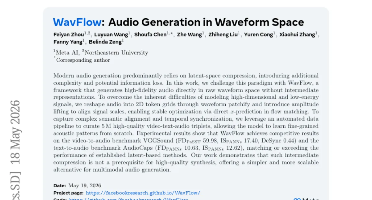 WavFlow: raw waveform 직접 생성하는 오디오 프레임워크 — VGGSound, AudioCaps에서 latent 기법과 동등 성능
