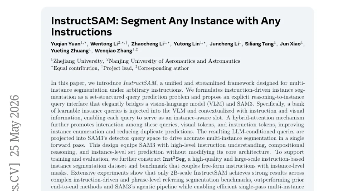 InstructSAM: VLM과 SAM3를 연결한 지시 기반 다중 인스턴스 분할 — 2B 모델로 기존 방법 능가