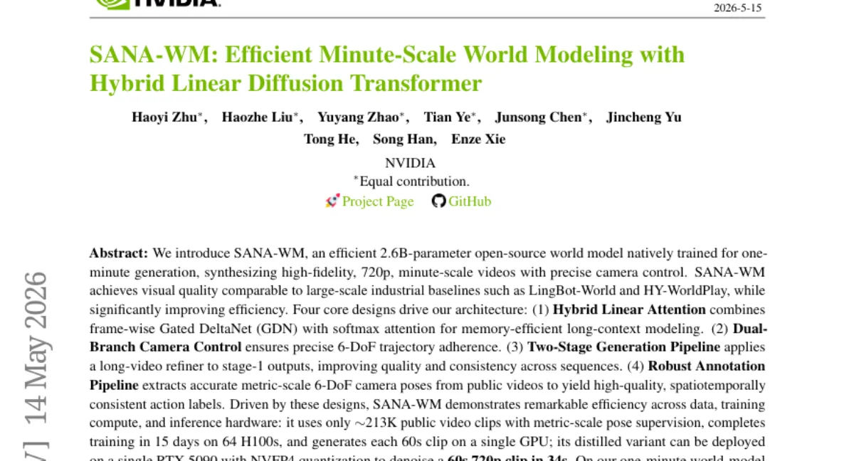 NVIDIA, 2.6B 파라미터 오픈소스 월드 모델 SANA-WM — 60초 720p 영상 생성, 카메라 제어 정밀도 향상
