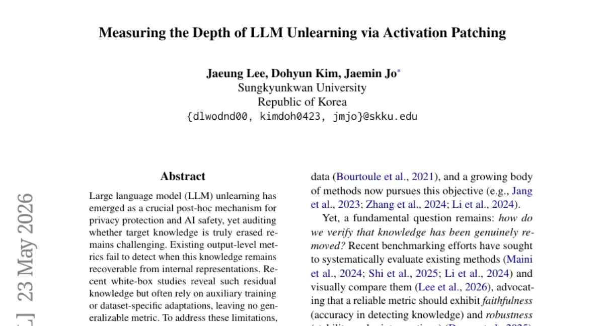 LLM 언러닝 평가 메트릭 UDS — activation patching 으로 지식 삭제 깊이를 0-1 척도로 측정, 150개 모델 메타 평가에서 최고 신뢰도