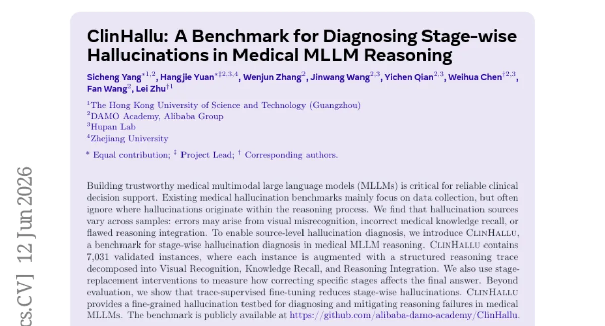ClinHallu: 의료 MLLM 추론 단계별 환각 진단 벤치마크 — 7,031개 인스턴스로 시각·지식·추론 오류 구분