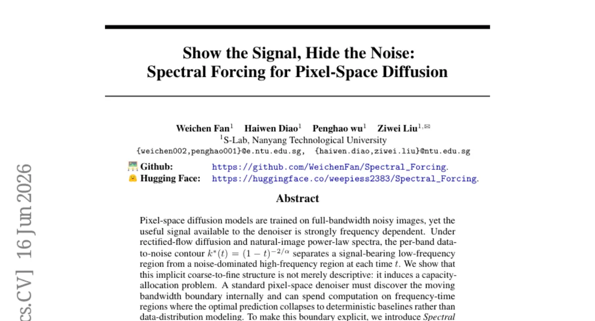 Spectral Forcing — 주파수 대역별로 신호와 잡음 분리해 pixel-space diffusion 효율 개선