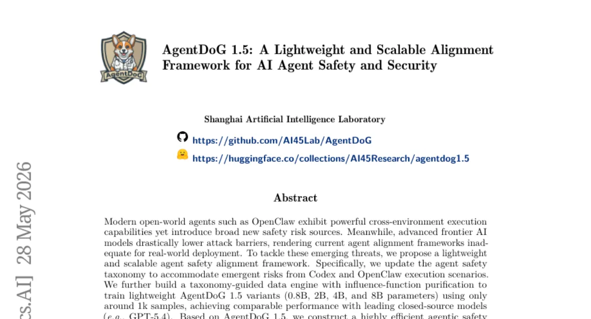 Shanghai AI Lab, 에이전트 안전 정렬 경량 프레임워크 AgentDoG 1.5 공개 — 1k 샘플로 GPT-5.4 수준