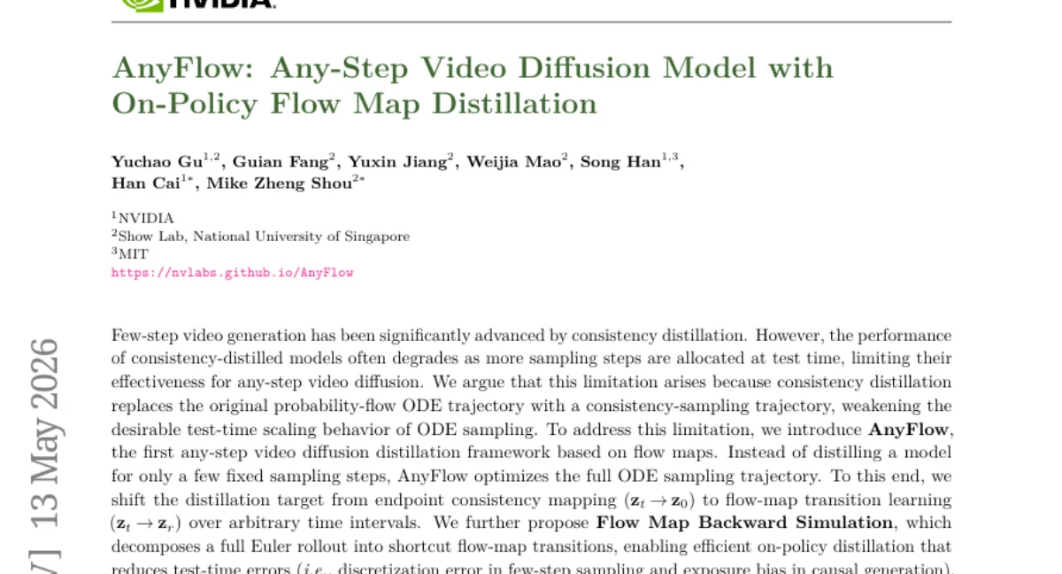 NVIDIA AnyFlow: flow map 기반 any-step 비디오 확산 증류 — 1.3B~14B 모델에서 일관성 기법 대등 이상
