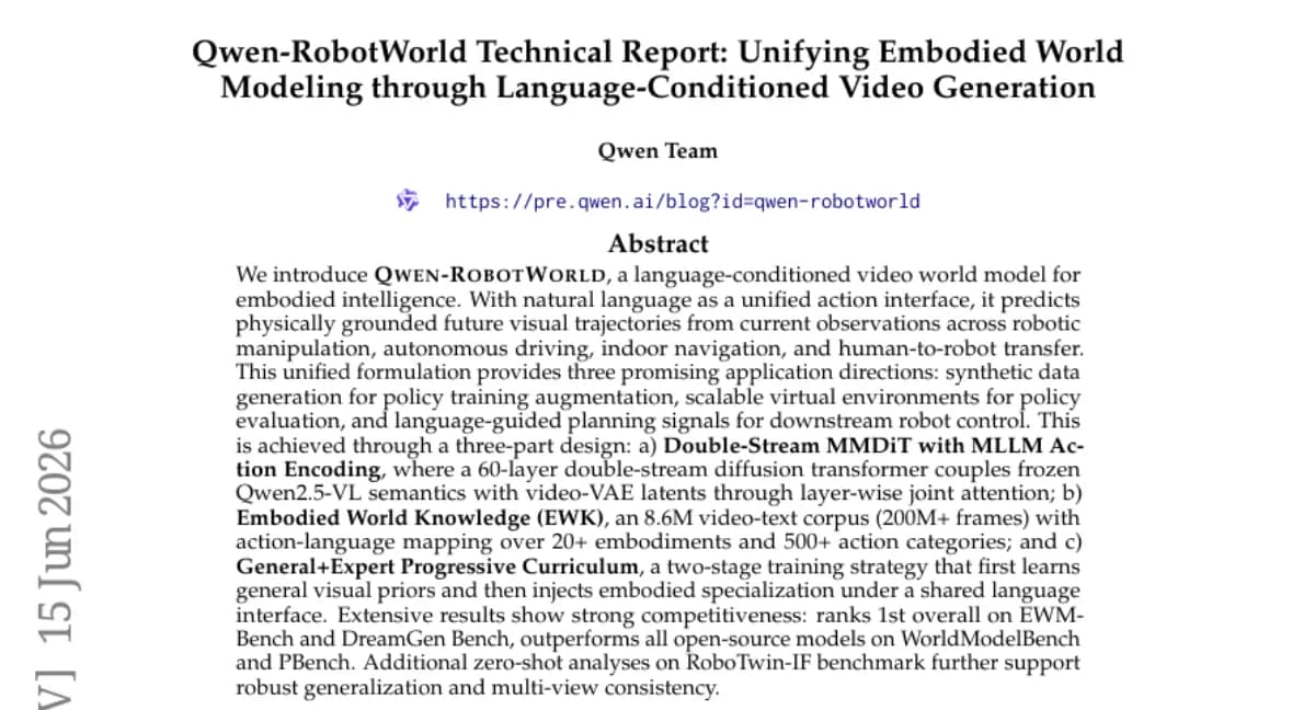 Qwen-RobotWorld: 언어 조건부 비디오 월드 모델 — 20+ 로봇 태스크 통합, EWMBench 1위